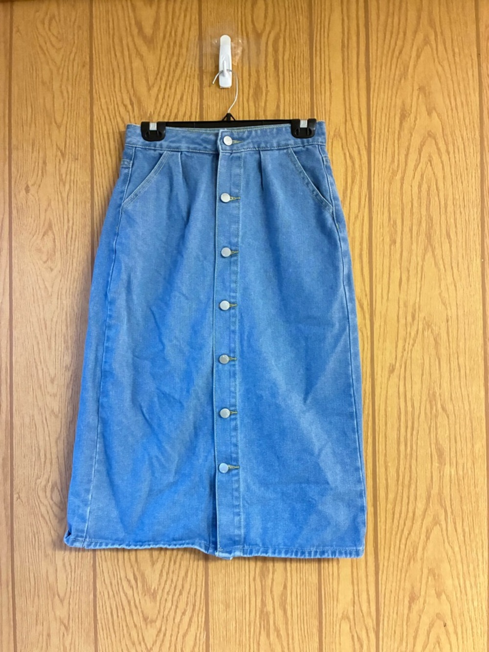 SHEIN Light Blue Denim Midi Skirt with Back Patch Pockets